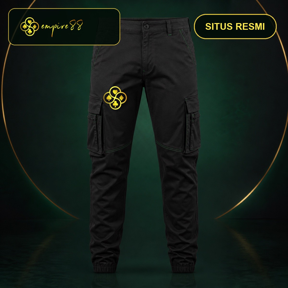 Celana Kargo Empire88 Resmi warna hitam dengan logo Empire88 dan teks situs resmi