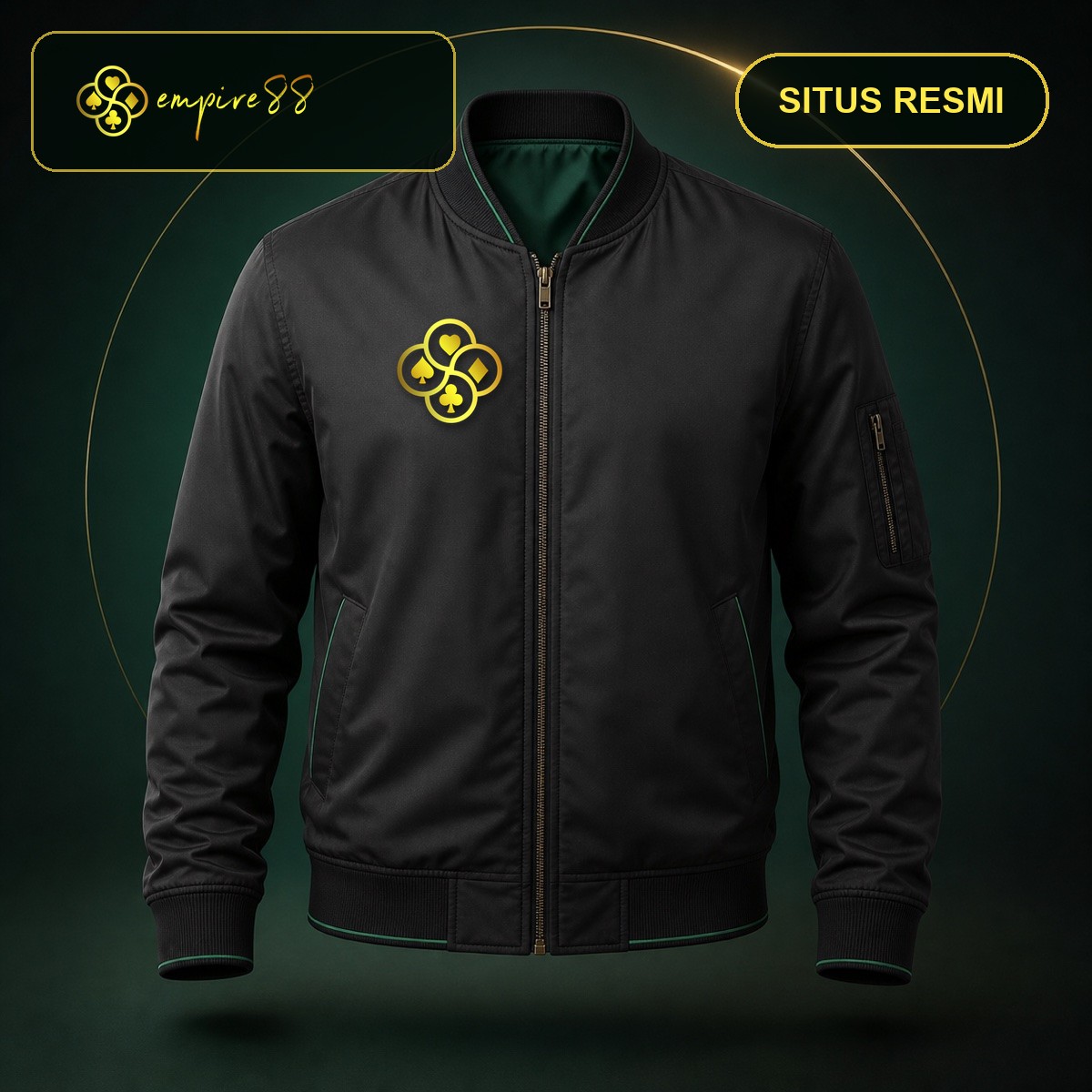 Jaket Empire88 Resmi warna hitam dengan logo Empire88 dan teks situs resmi