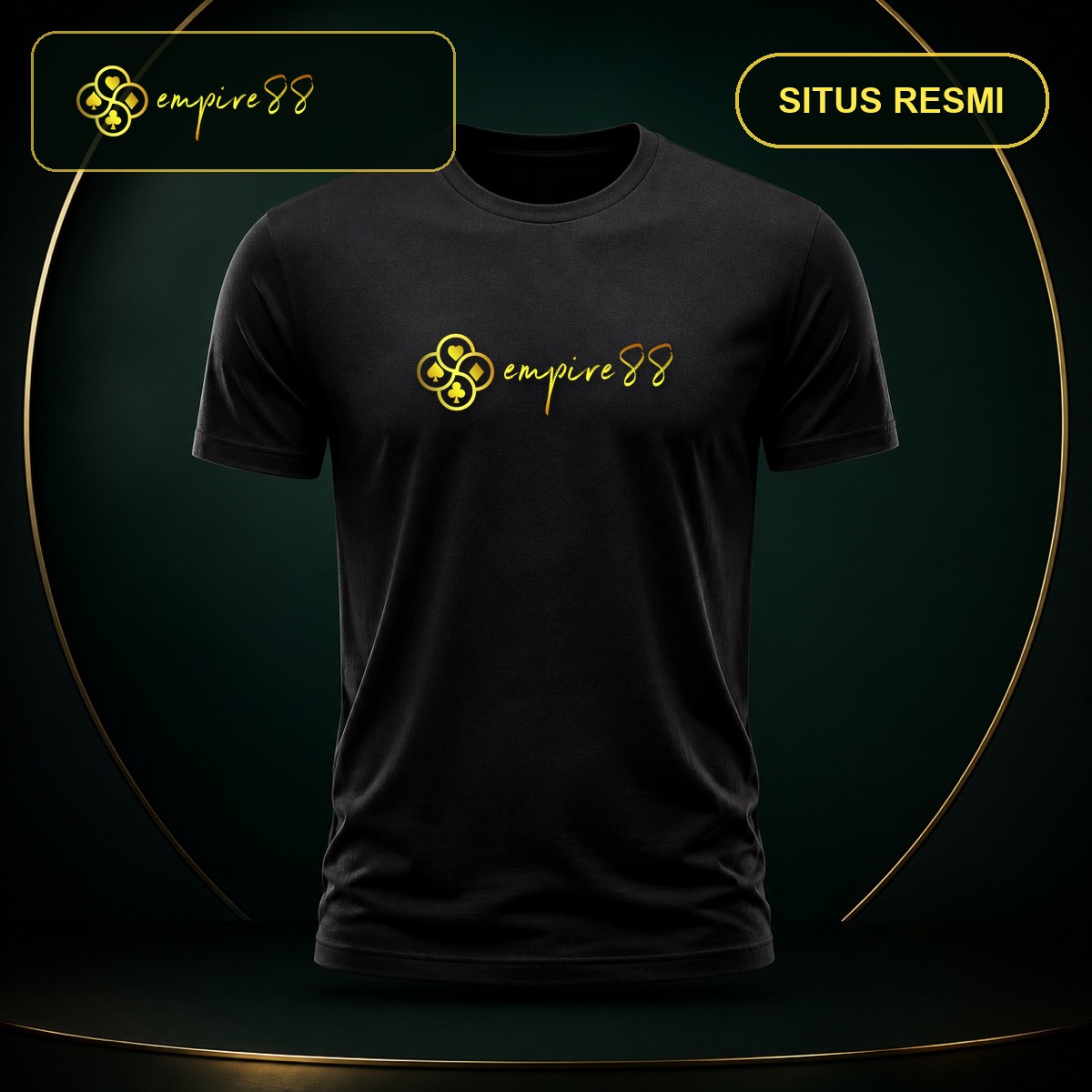 Kaos Empire88 Resmi warna hitam dengan logo Empire88 dan teks situs resmi