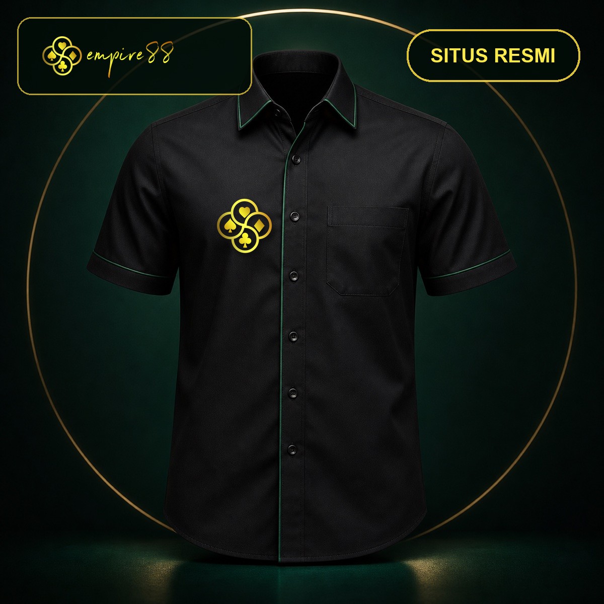 Kemeja Empire88 Resmi warna hitam dengan logo Empire88 dan teks situs resmi