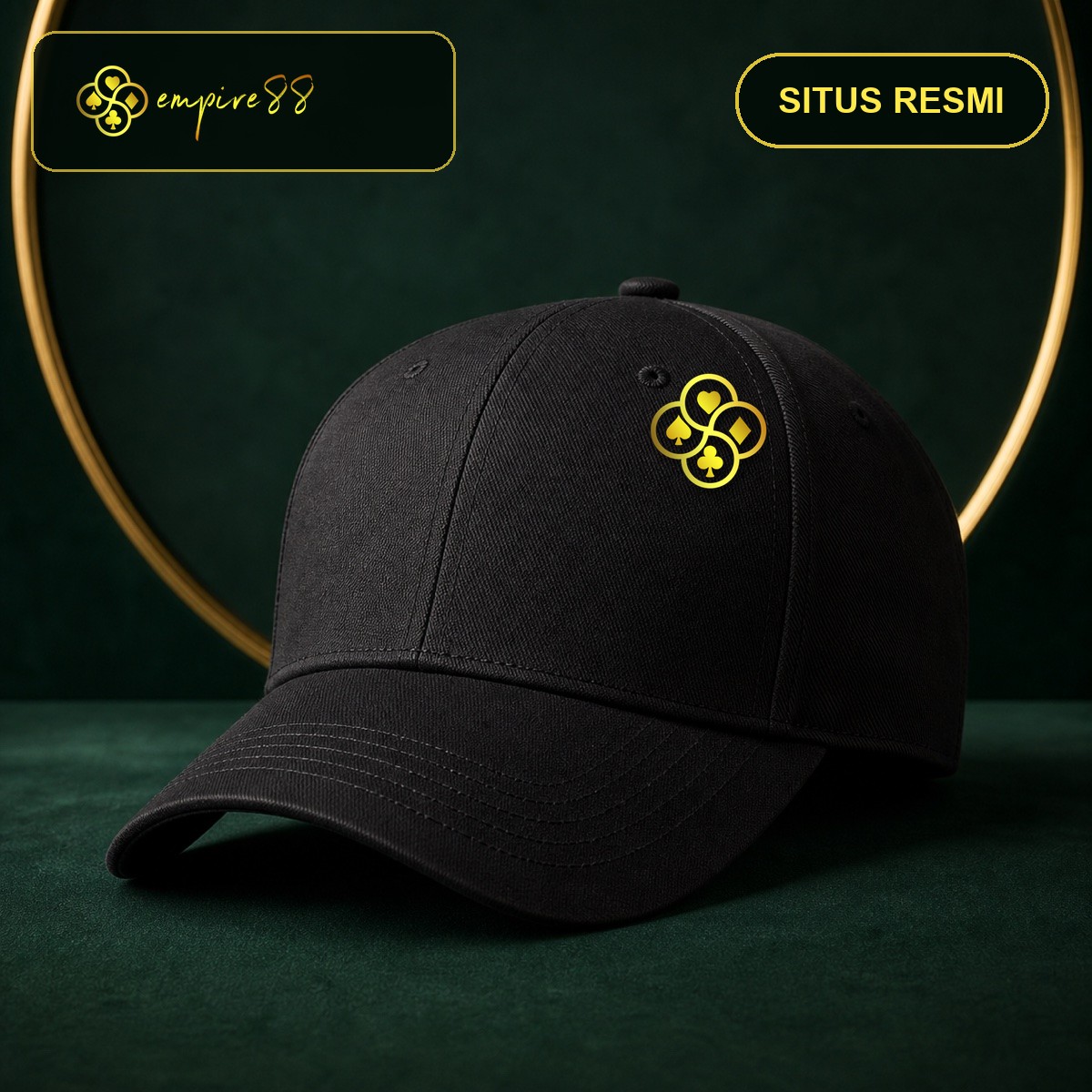 Topi Empire88 Resmi warna hitam dengan logo Empire88 dan teks situs resmi