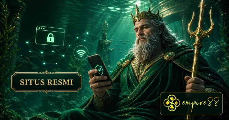 King Poseidon berjubah hijau menggunakan ponsel dengan koneksi aman Empire88 situs resmi