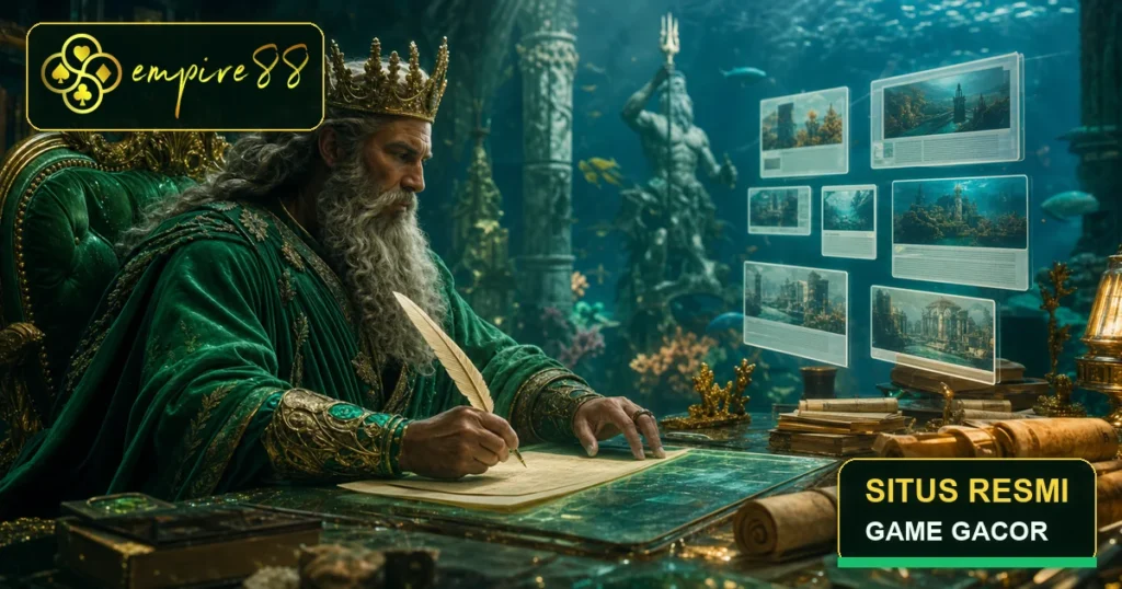 King Poseidon membaca blog Empire88 dengan teks situs resmi dan game gacor