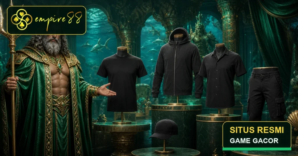 Merchandise hitam berlogo Empire88 dengan teks situs resmi dan game gacor