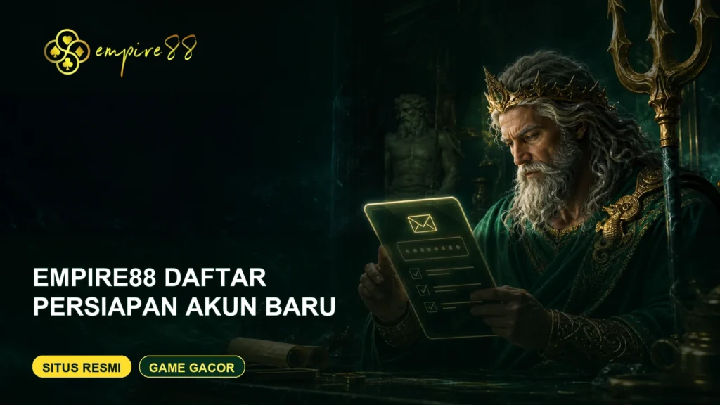 King Poseidon berjubah hijau meninjau checklist Empire88 daftar akun baru dengan logo Empire88 dan teks Situs Resmi Game Gacor