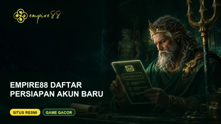 King Poseidon berjubah hijau meninjau checklist Empire88 daftar akun baru dengan logo Empire88 dan teks Situs Resmi Game Gacor