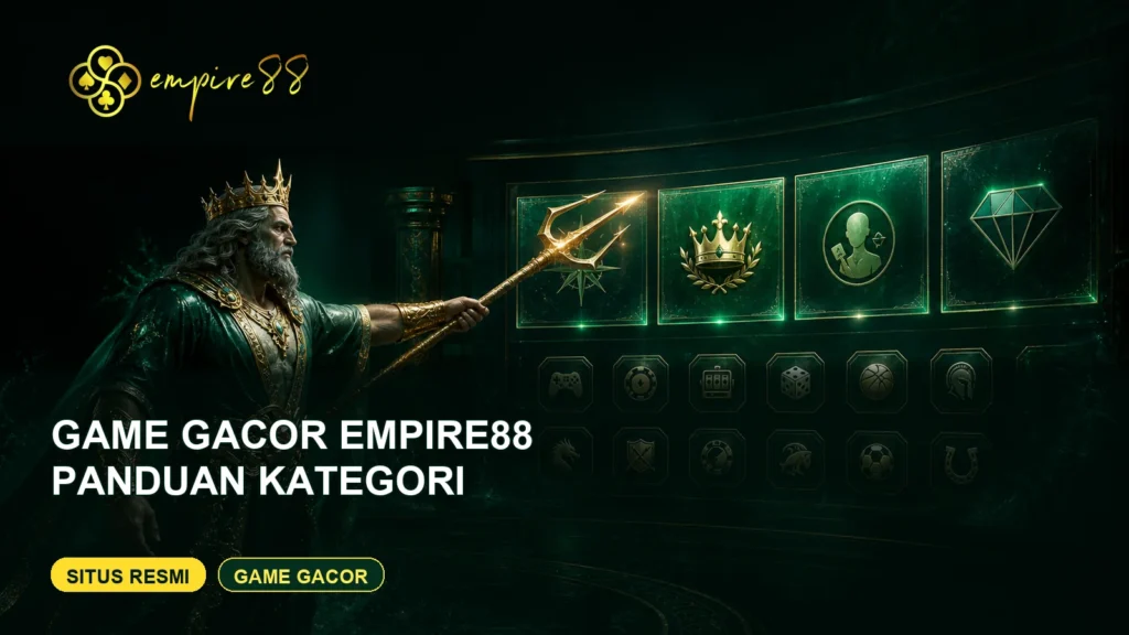 King Poseidon berjubah hijau menunjuk kategori game gacor Empire88 dengan logo Empire88 dan teks Situs Resmi Game Gacor