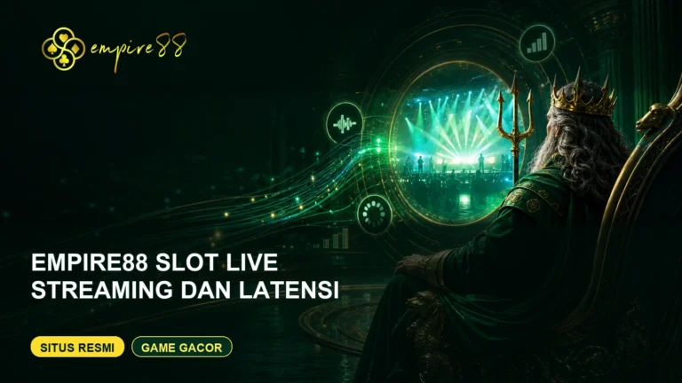 King Poseidon berjubah hijau mengamati streaming Empire88 Slot Live dengan logo Empire88 dan teks Situs Resmi Game Gacor