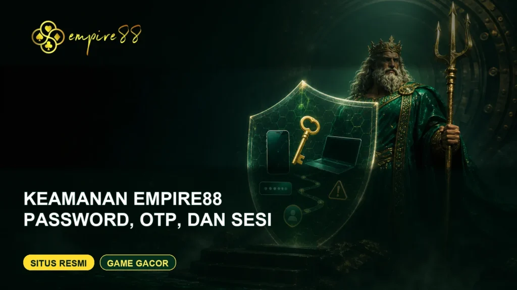 King Poseidon berjubah hijau menjaga perangkat dan keamanan Empire88 dengan logo Empire88 dan teks Situs Resmi Game Gacor