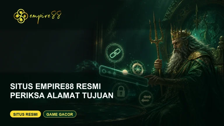 King Poseidon berjubah hijau memeriksa alamat dan redirect situs Empire88 resmi dengan logo Empire88 dan teks Situs Resmi Game Gacor