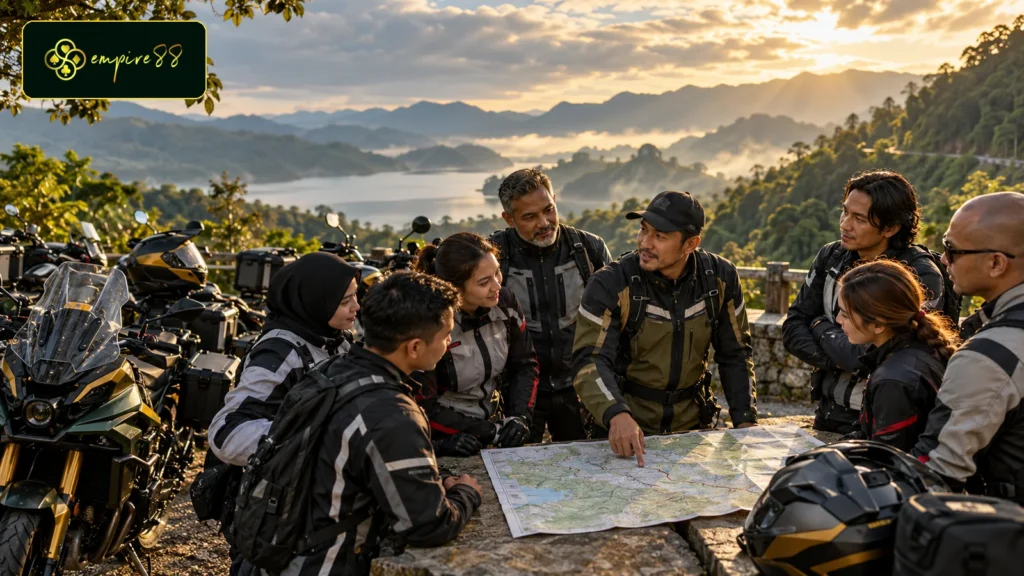 Road captain Empire88 Motor memberi briefing kepada rombongan dengan pengalaman berbeda