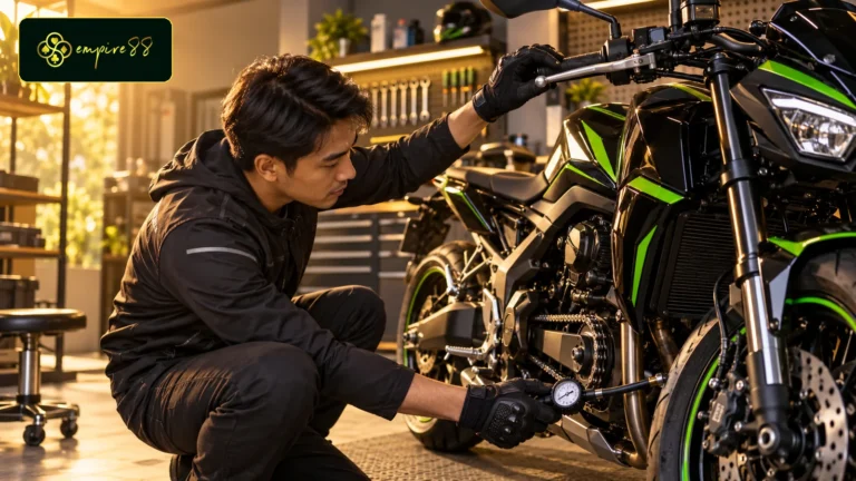 Rider Empire88 Motor memeriksa ban rem dan rantai sebelum touring