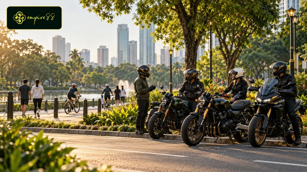 Rombongan Empire88 Motor berhenti tertib di dekat taman kota bersama pengguna jalan lain