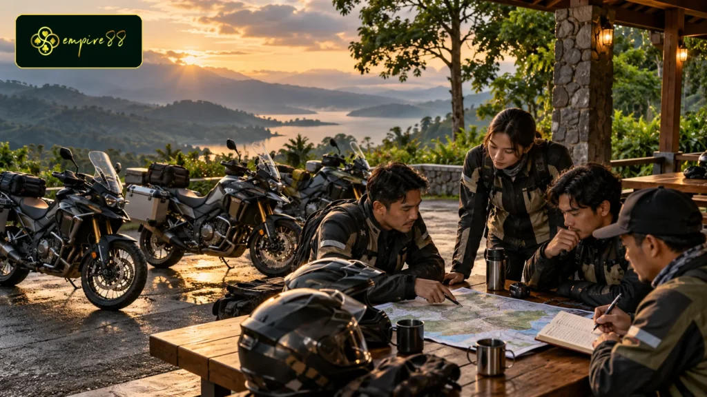 Rombongan Empire88 Motor mengevaluasi rute dan perjalanan setelah touring