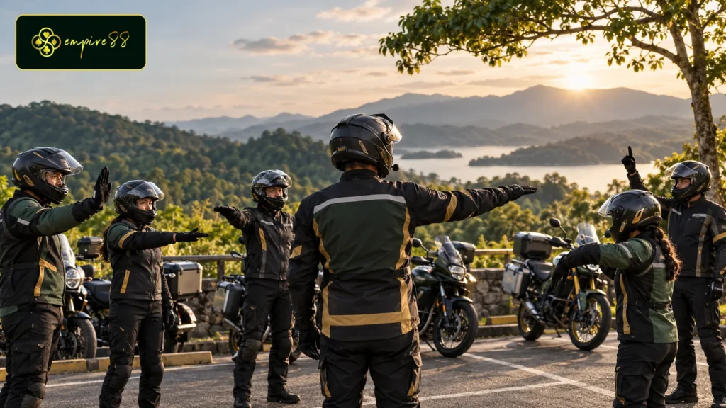 Rider Empire88 Motor mempraktikkan isyarat komunikasi rombongan sebelum touring