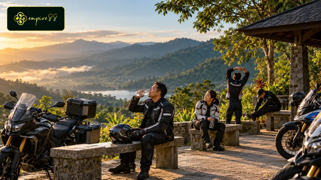 Rombongan Empire88 Motor beristirahat dan minum setelah riding jarak jauh