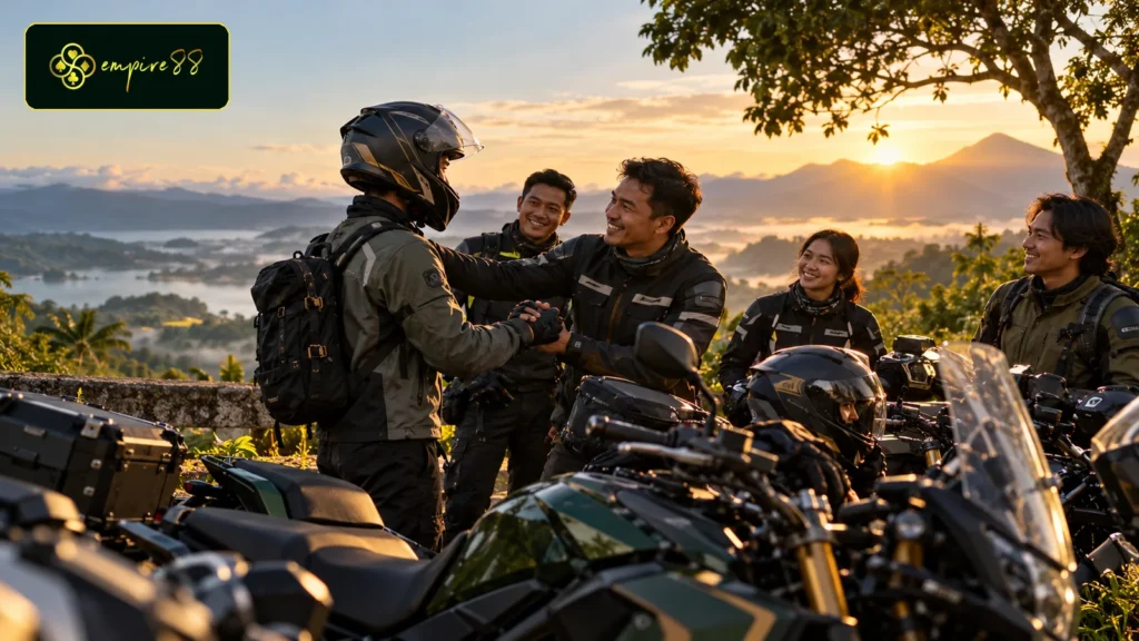 Anggota Empire88 Motor menyambut rider baru sebelum kegiatan komunitas
