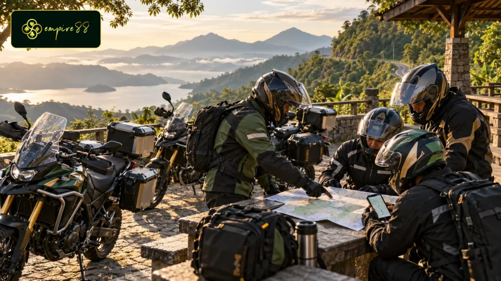 Rider Empire88 Motor menyusun rute touring menggunakan peta di tempat rehat