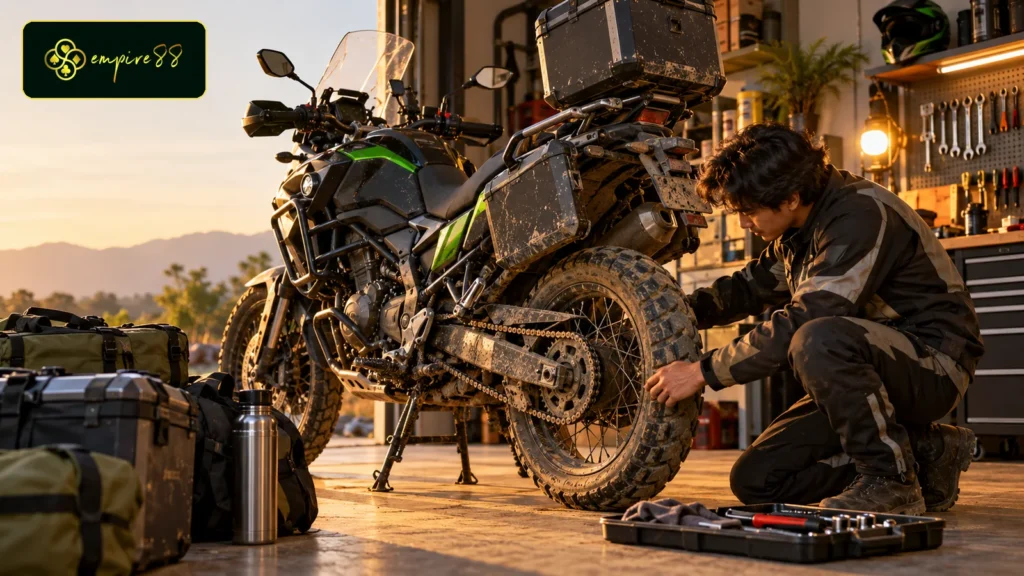 Rider Empire88 Motor memeriksa ban dan rantai motor setelah touring