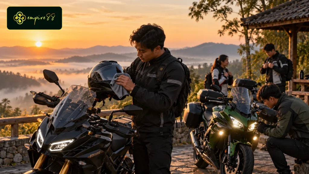 Rider Empire88 Motor membersihkan visor dan memeriksa motor sebelum sunmori pagi