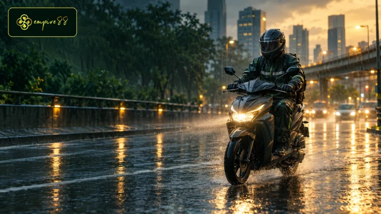 Rider Empire88 Motor berkendara hati-hati saat hujan di jalan kota