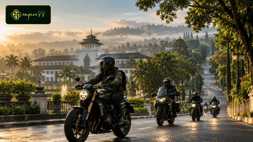 Rombongan Empire88 Motor berkendara pagi di koridor Gedung Sate dan Dago Bandung