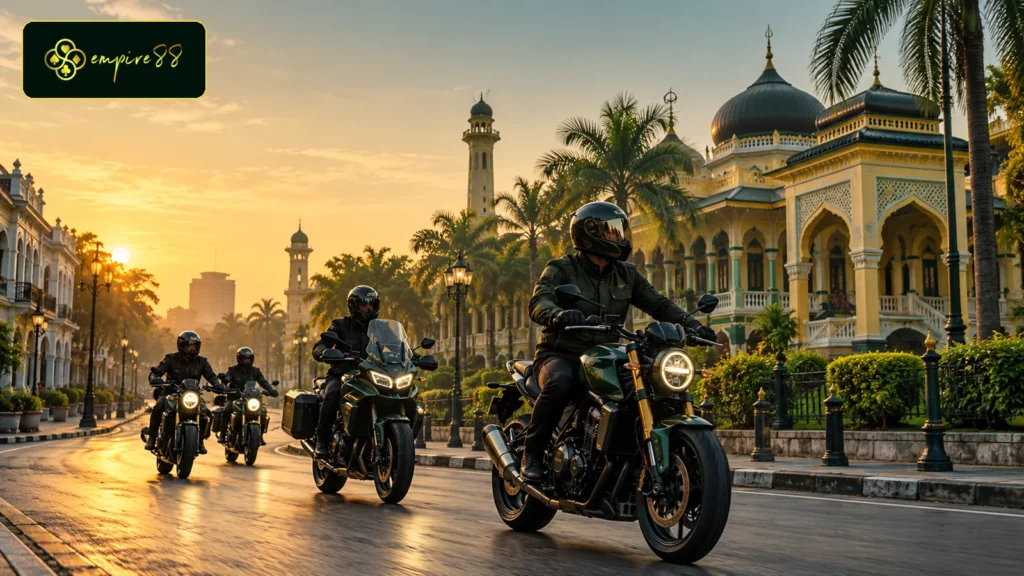 Rombongan Empire88 Motor melakukan sunmori Medan di kawasan Kesawan dan Istana Maimun
