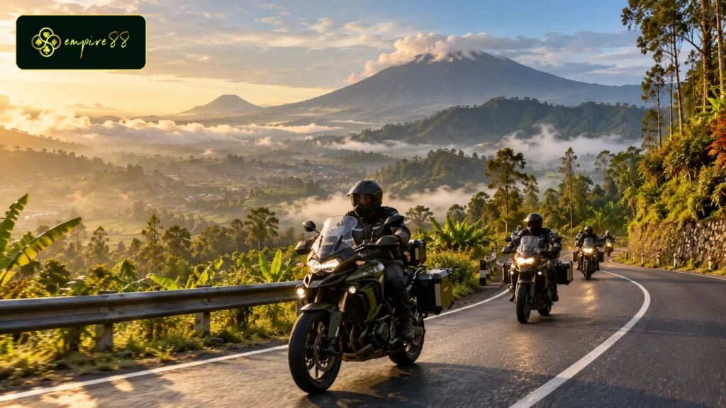 Rombongan Empire88 Motor melakukan touring Medan Berastagi di jalan dataran tinggi